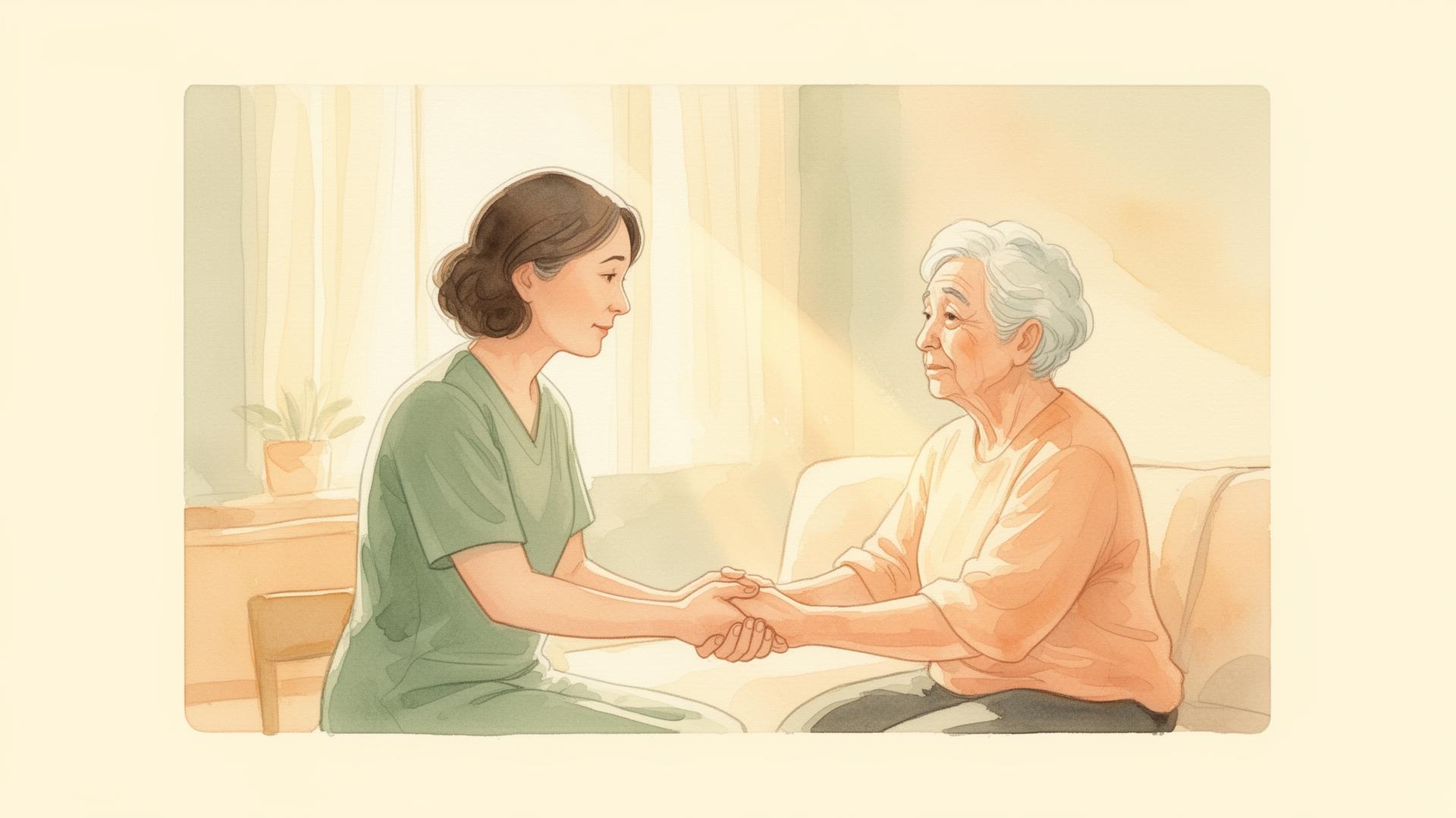 A caregiver gently holding the hand of her elderly mother in a warm, sunlit living room