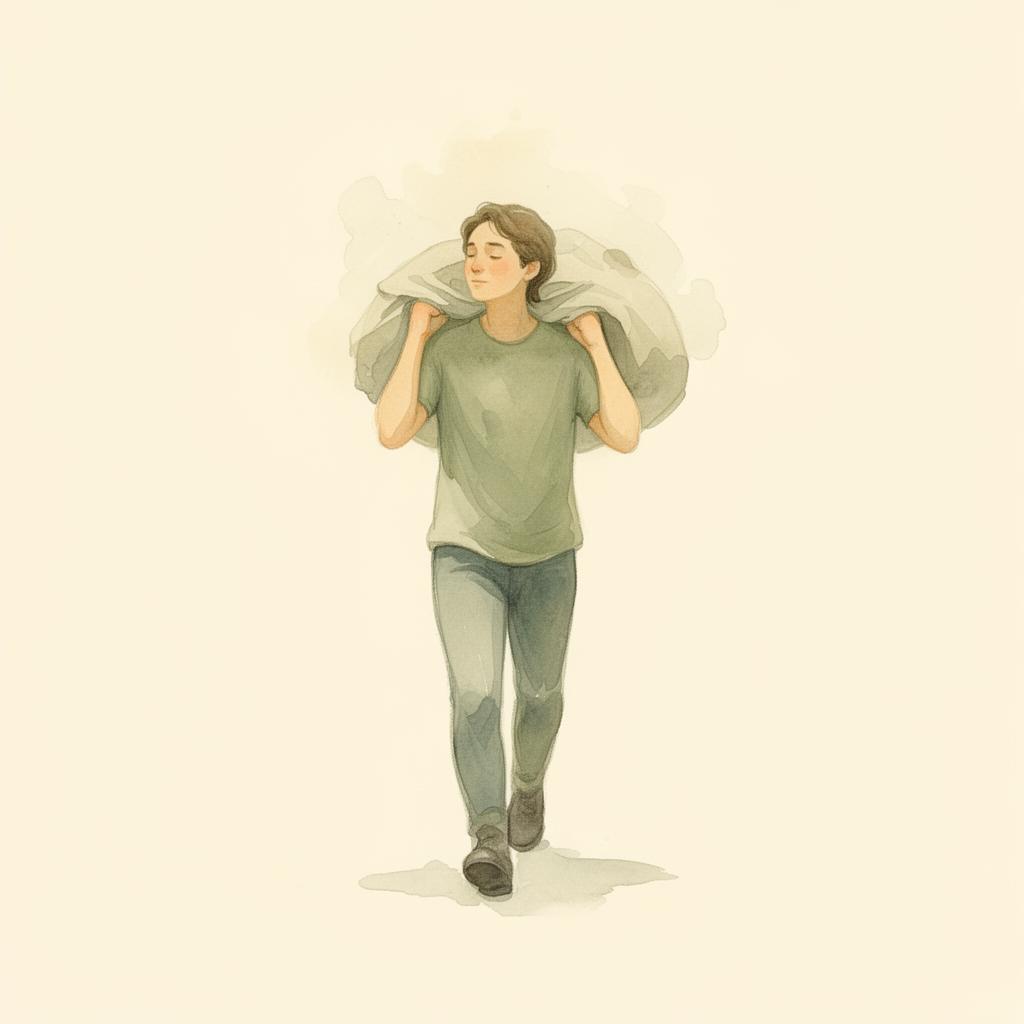 A person walking with a noticeably lighter load — symbolic of relief
