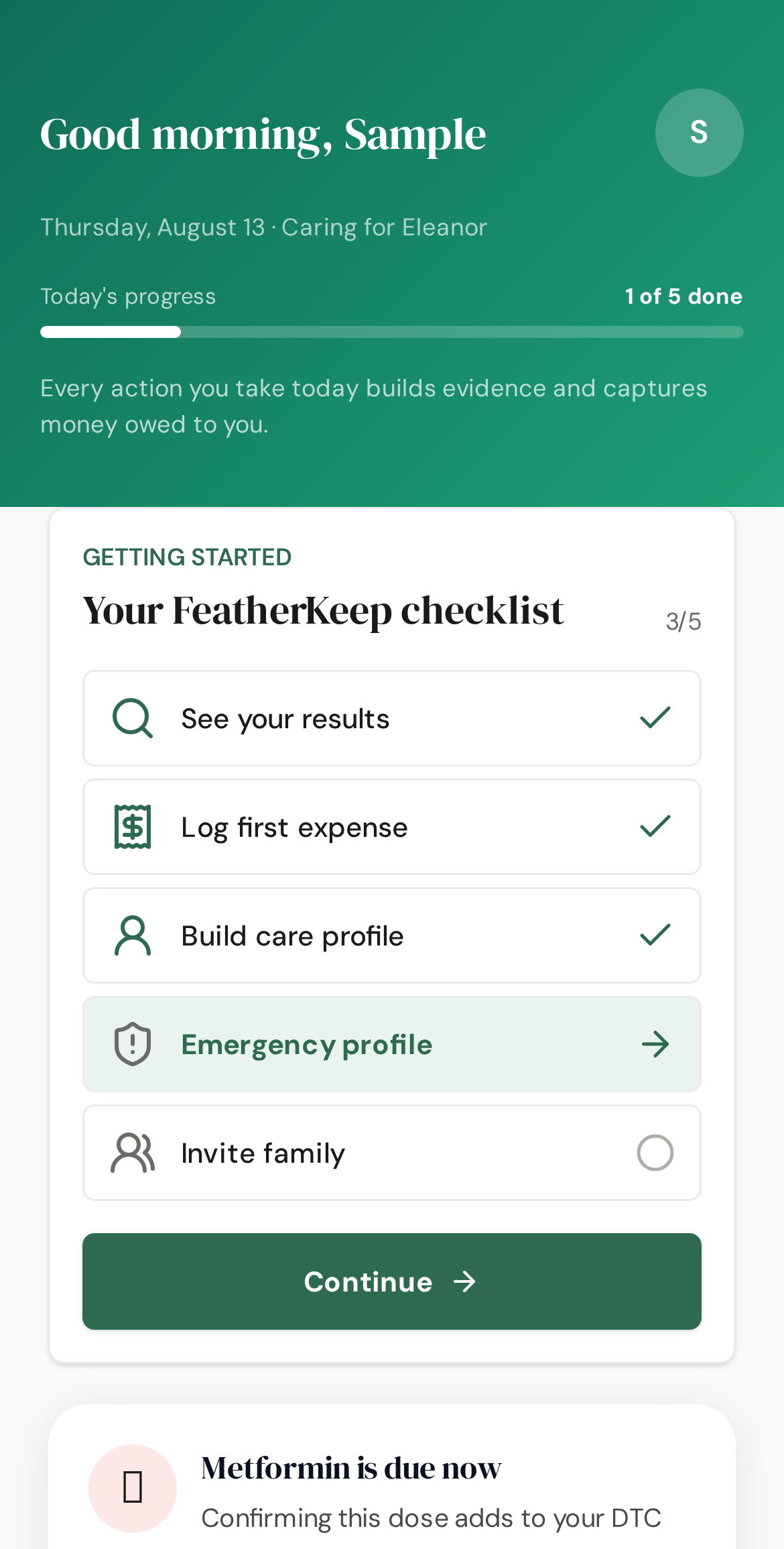 FeatherKeep home screen showing the daily caregiving checklist and today's progress