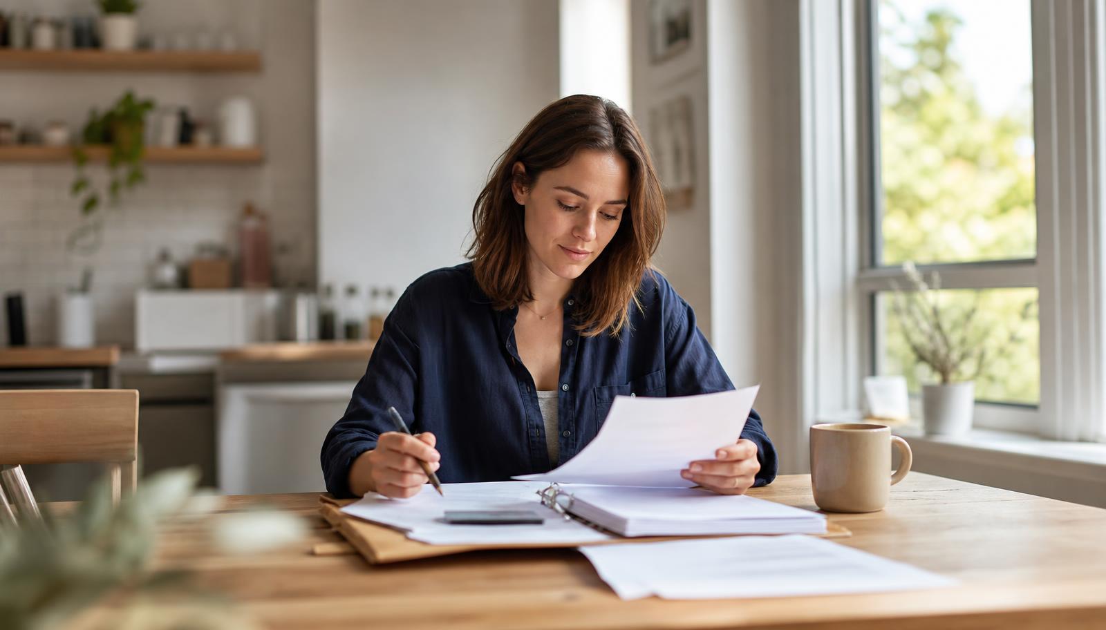 A caregiver sitting calmly at a table with organized paperwork and a cup of coffee, reflecting being on top of things